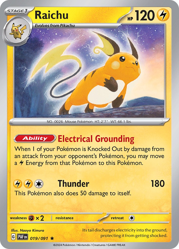 Raichu 019/091 Pokémon card, Paldean Fates, Near Mint