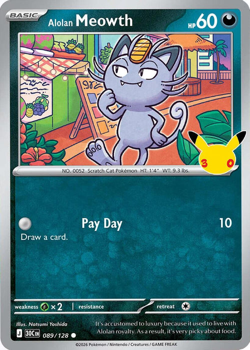 Alolan Meowth 089/128 Pokémon card, 30th Celebration (30C), Near Mint