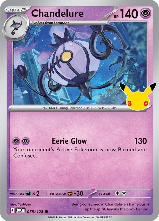 Chandelure 075/128 Pokémon card, 30th Celebration (30C), Near Mint
